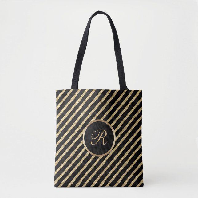 Black and Gold Brushed Stripes with Monogram Tote Bag (Front)
