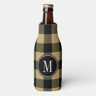 Black and Gold Buffalo Check Monogram Bottle Cooler