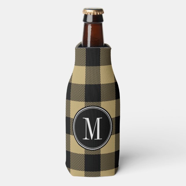 Black and Gold Buffalo Check Monogram Bottle Cooler (Bottle Front)