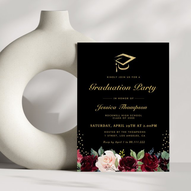Black and gold burgundy floral graduation party invitation (Creator Uploaded)