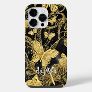 Black and Gold Butterflies Personalised Name iPhone 14 Pro Max Case