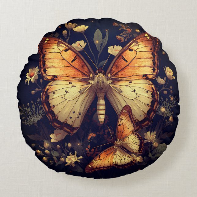 Black and Gold Butterfly round Pillow (Front)