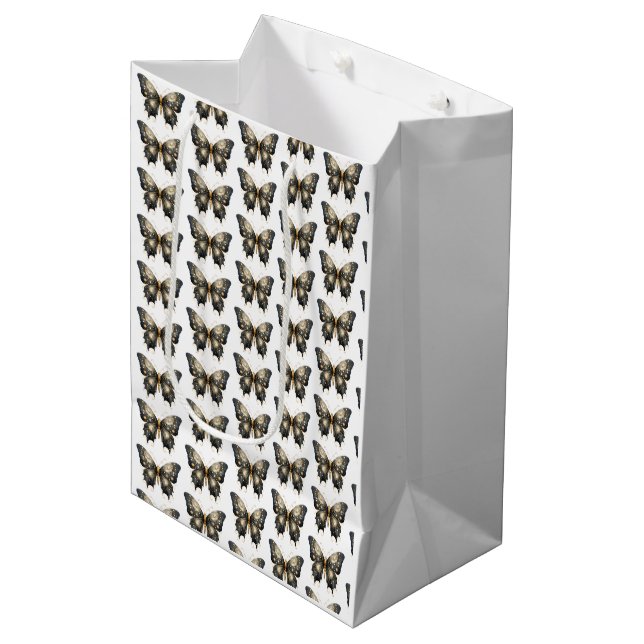 Black and Gold Butterfly White Pattern Halloween Medium Gift Bag (Front Angled)