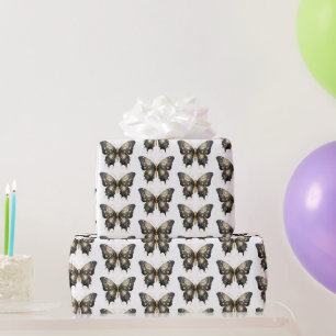 Black and Gold Butterfly White Pattern Halloween Wrapping Paper
