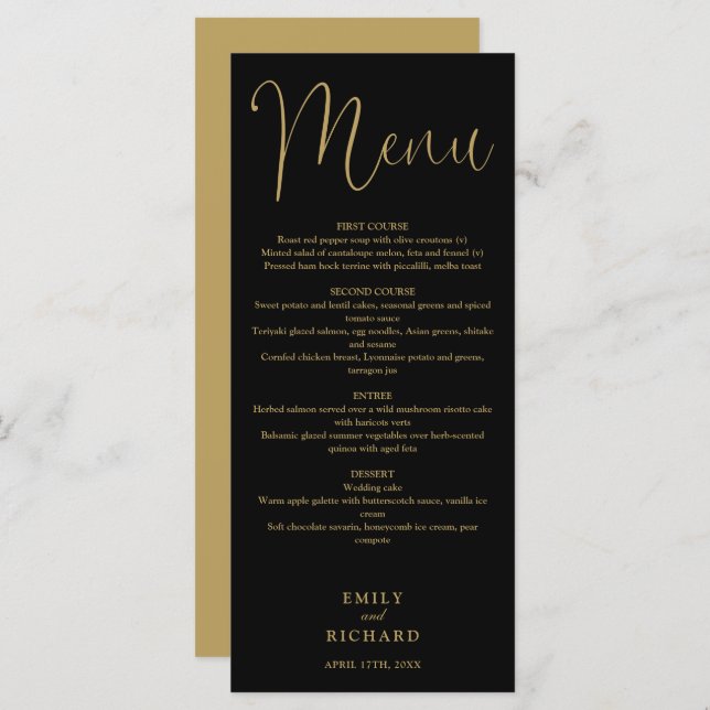 Black And Gold Calligraphy Script Wedding Menu (Front/Back)