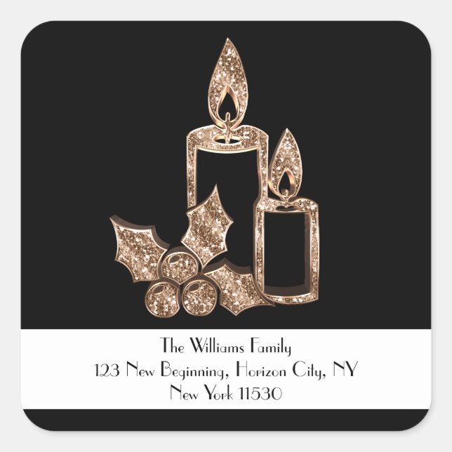 Black and Gold Candle with Holly Christmas Square Sticker (Front)