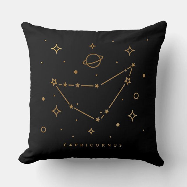 Black and Gold Capricorn Constellation Pillow (Front)