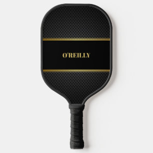 Black and Gold Carbon Pattern Modern Monogram Pickleball Paddle