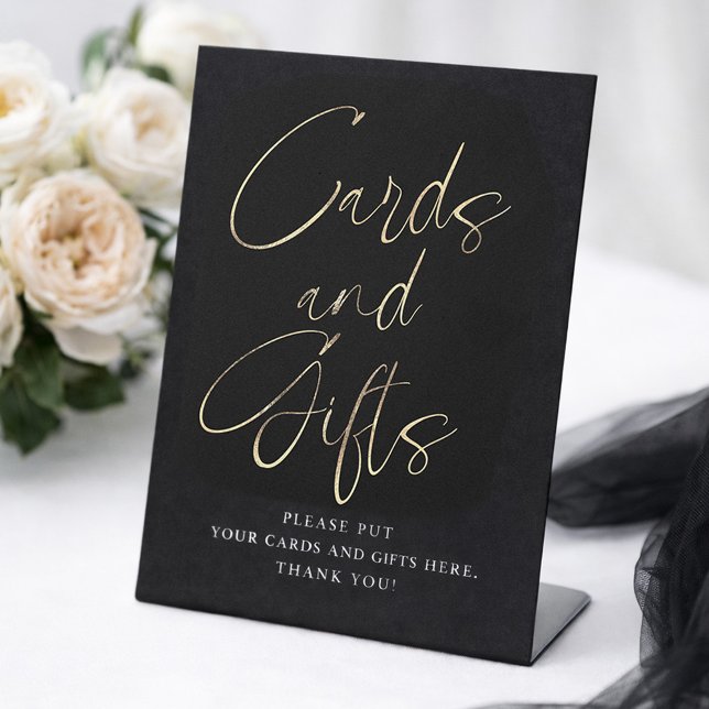Black and Gold Cards and Gifts Bridal Shower Pedestal Sign (Cards and Gifts Black and Gold Table Sign)
