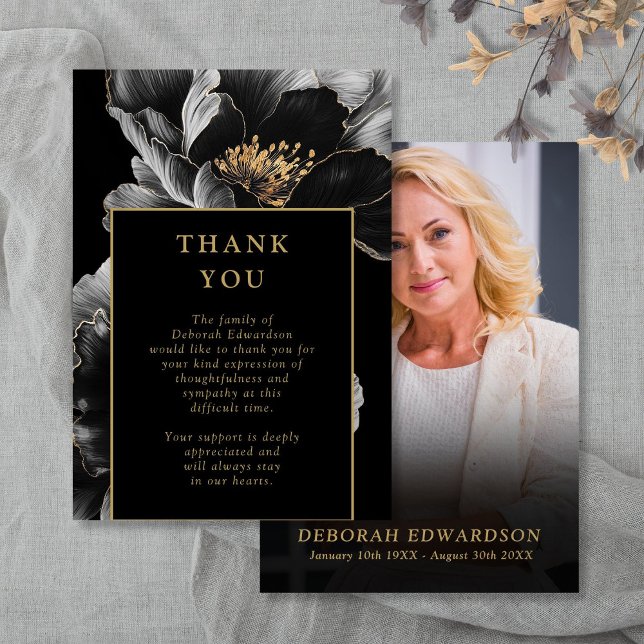 Black And Gold Celebration Of Life Funeral Photo Thank You Card (Black And Gold Celebration Of Life Funeral Photo Thank You Card)