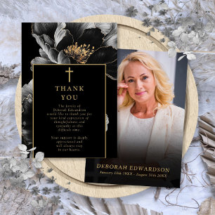 Black And Gold Celebration Of Life Funeral Photo Thank You Card