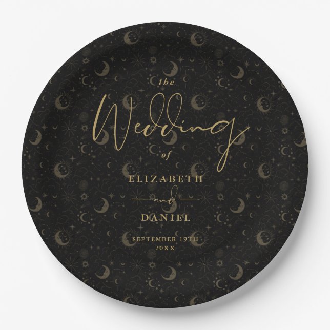 Black And Gold Celestial Stars And Moons Wedding Paper Plate (Front)
