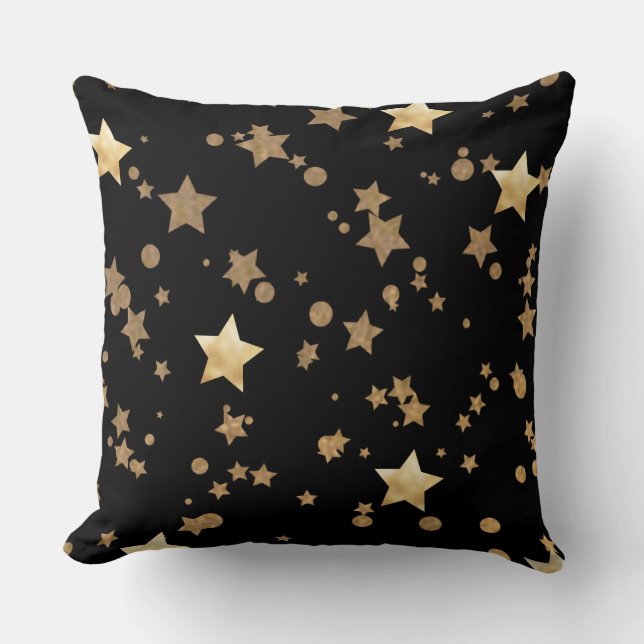 Black and Gold Celestial Stars and Polka Dots Cushion (Front)