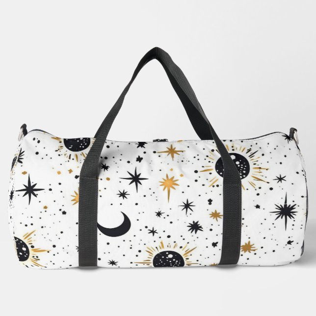 Black and Gold Celestial Sun Moon Stars Duffle Bag (Front)