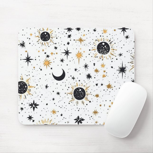 Black and Gold Celestial Sun Moon Stars Mouse Pad (With Mouse)