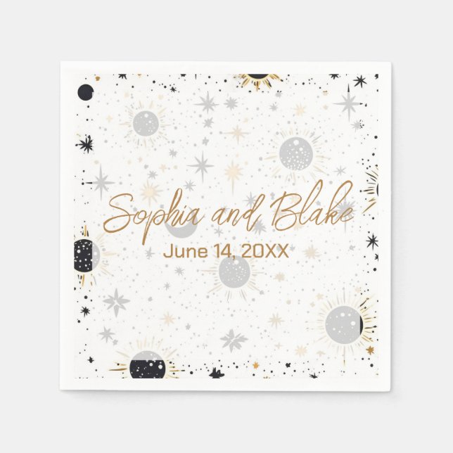 Black and Gold Celestial Wedding Napkin (Front)