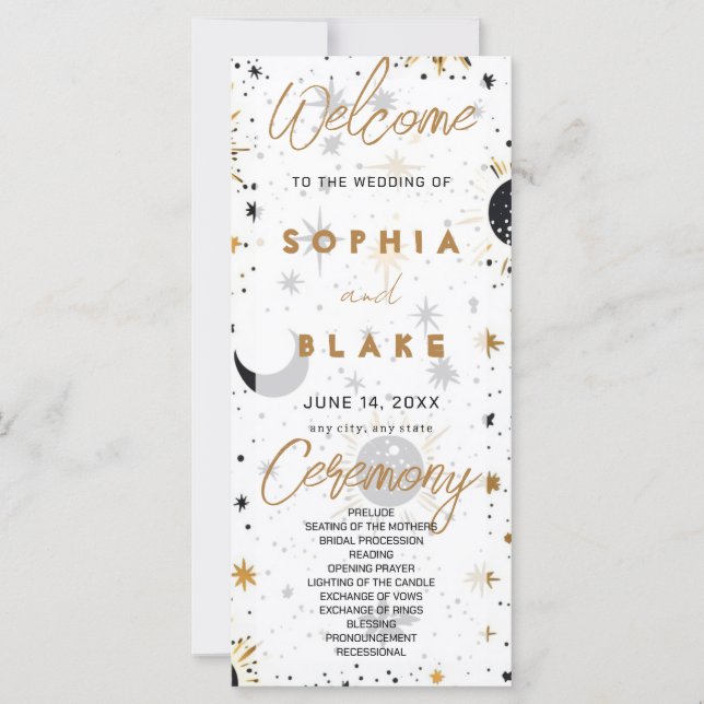 Black and Gold Celestial Wedding Program (Front)