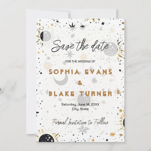 Black and Gold Celestial Wedding Save the Date  Invitation (Front)