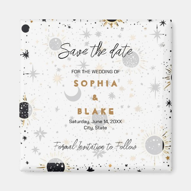 Black and Gold Celestial Wedding Save the Date Magnet (Front)