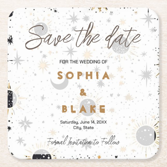 Black and Gold Celestial Wedding Save the Date Square Paper Coaster (Front)
