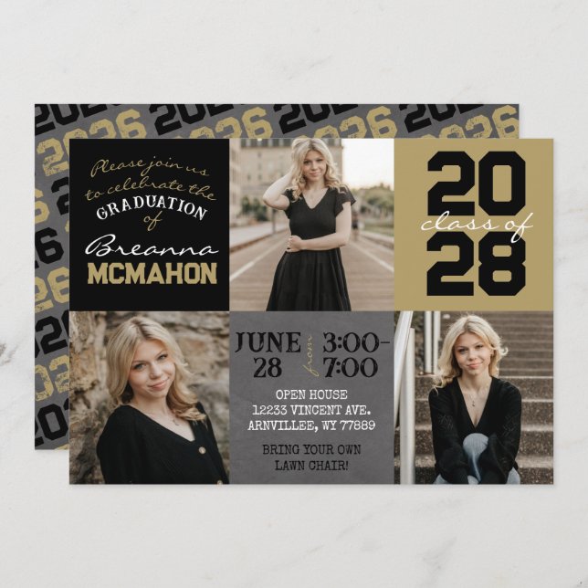 Black and Gold Chalkboard 3 Photo Graduation Invitation (Front/Back)