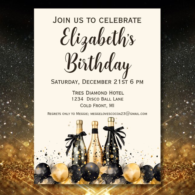 Black and Gold Champagne Birthday Party Invitation (Creator Uploaded)