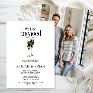 Black and Gold Champagne Glasses Engagement Party Invitation