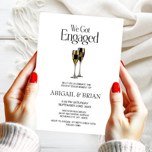 Black and Gold Champagne Glasses Engagement Party Invitation
