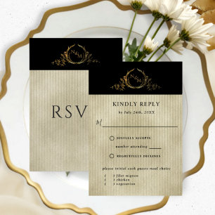 Black and Gold Champagne Monogram w/without meals RSVP Card