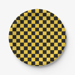 Black and gold checkerboard pattern paper plate