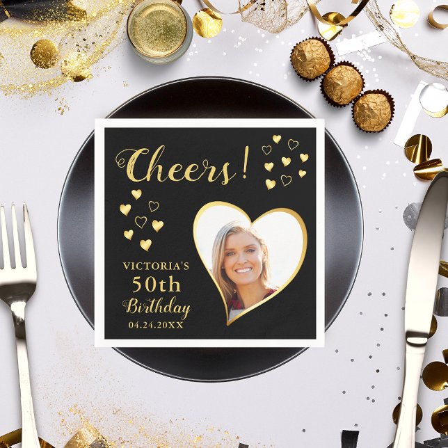 Black and Gold Cheers Custom Photo 50th Birthday Napkin (Creator Uploaded)