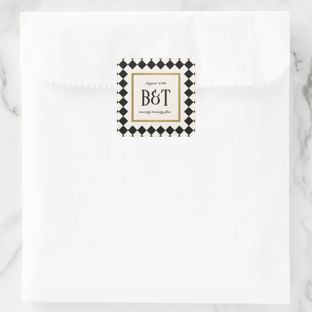Black and Gold Chequerboard Border Wedding Square Sticker (Bag)
