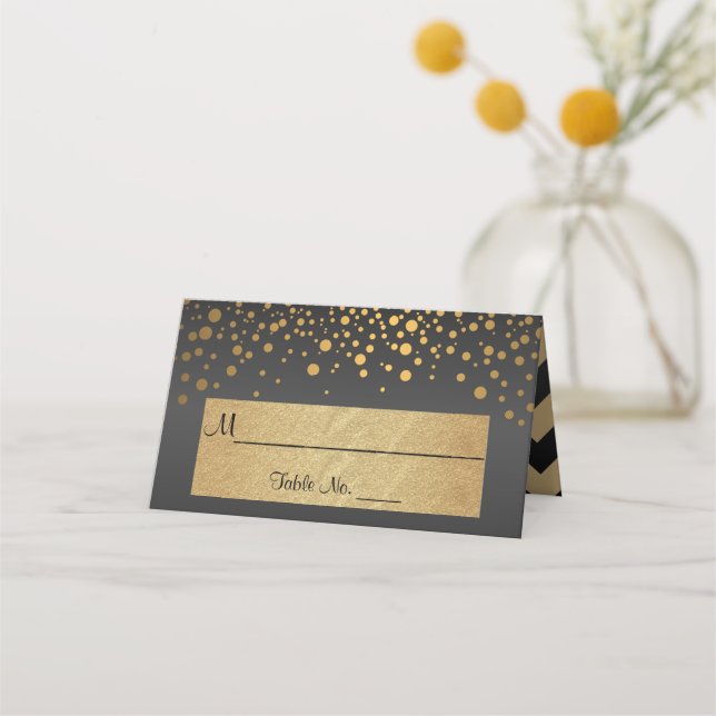 Black and Gold Chevron and Confetti Dots 2 Place Card (Front)