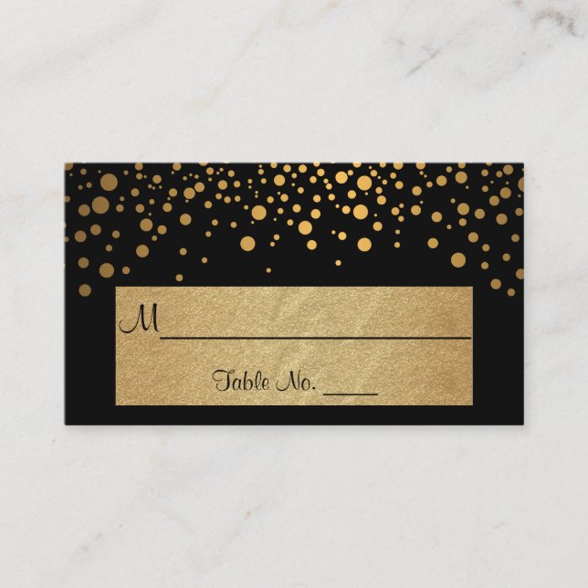 Black and Gold Chevron and Confetti Dots Place Card (Front)