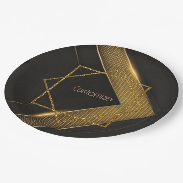 Black And Gold Chevron Paper Plate (Angled)