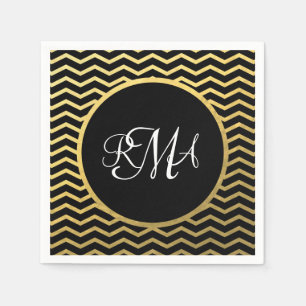 Black and Gold Chevron Pattern Triple Monogrammed Napkin