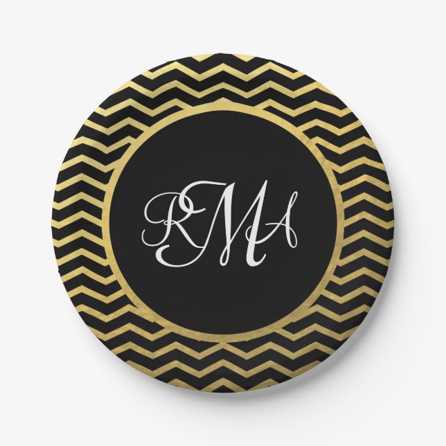 Black and Gold Chevron Pattern Triple Monogrammed Paper Plate (Front)
