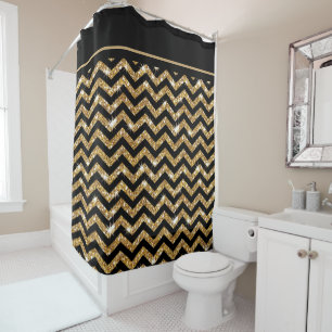 Black and Gold Chevron with Black Trim Shower Curtain
