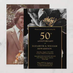 Black And Gold Chic Floral 50th Anniversary Photo Invitation