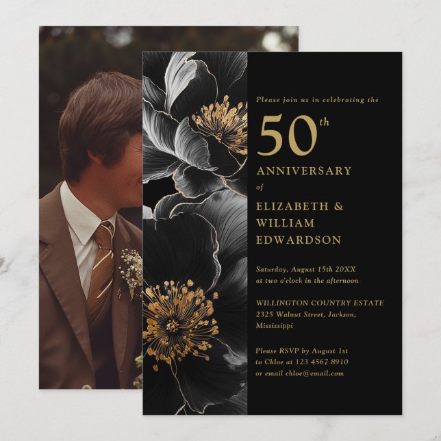 Black And Gold Chic Floral 50th Anniversary Photo Invitation (Front/Back)
