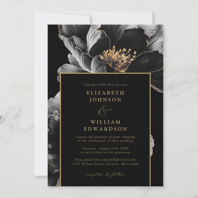 Black And Gold Chic Floral Photo QR Code Wedding Invitation (Front)