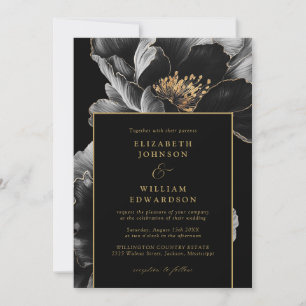 Black And Gold Chic Floral Photo QR Code Wedding Invitation