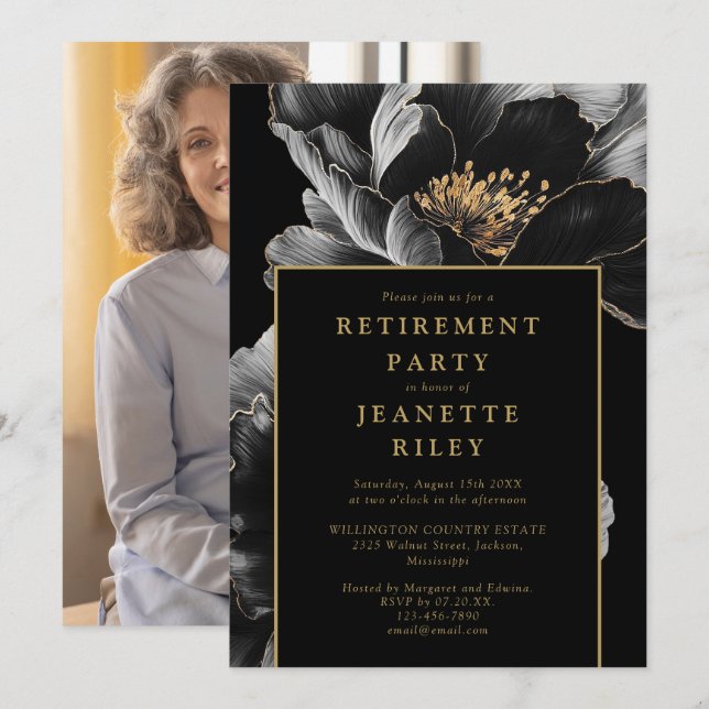 Black And Gold Chic Floral Retirement Party Photo Invitation (Front/Back)
