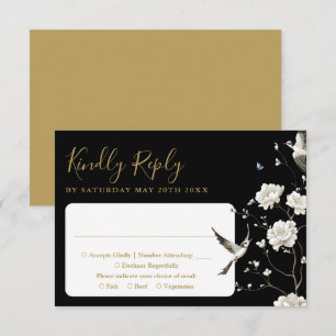 Black And Gold Chinoiserie Floral Garden Wedding  RSVP Card