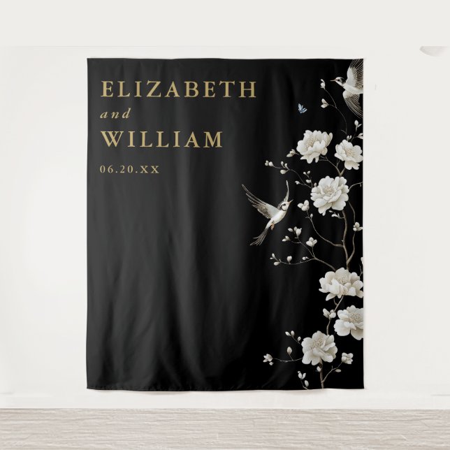 Black And Gold Chinoiserie Wedding Photo Backdrop Tapestry (Front)