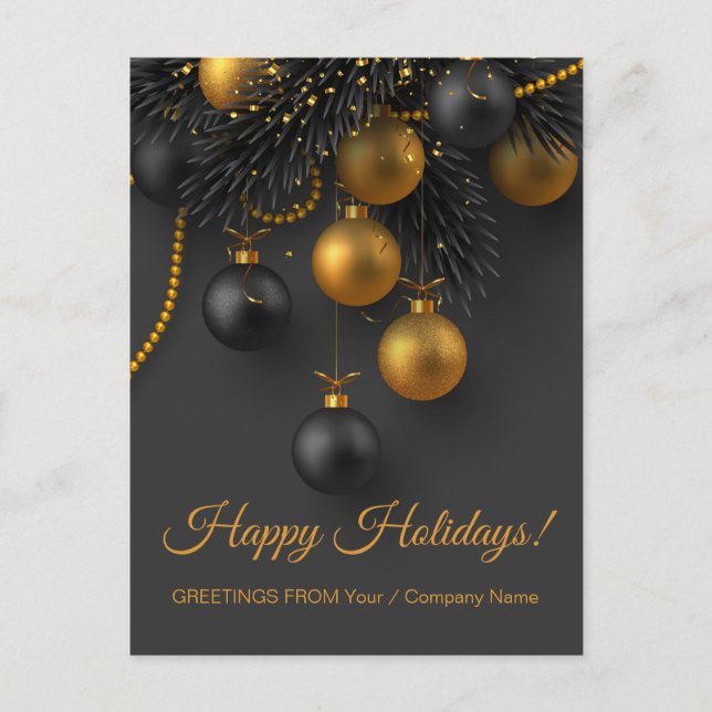Black and Gold Christmas Balls Elegant Holiday Postcard (Front)
