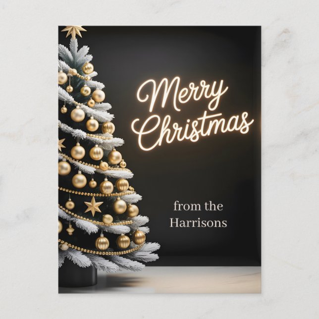 Black and Gold Christmas Tree with Custom Text Holiday Postcard (Front)