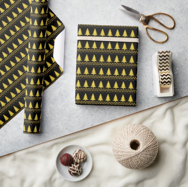 Black and Gold Christmas Trees Holiday Pattern Wrapping Paper (Crafts)