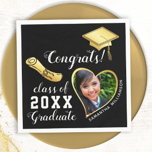 Black and Gold Class of 2025 Photo Graduation Napkin