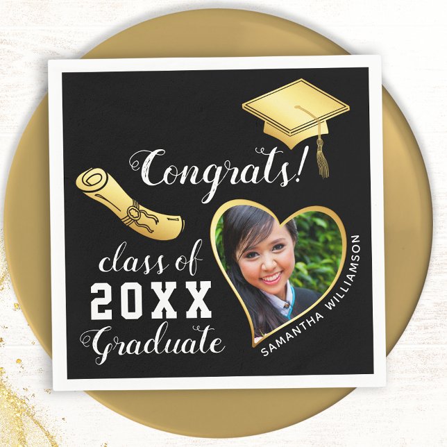 Black and Gold Class of 2025 Photo Graduation Napkin (Creator Uploaded)